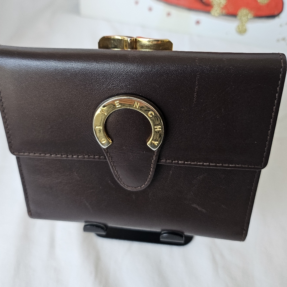 Givenchy Kiss Lock Trifold Brown Leather Wallet EUC